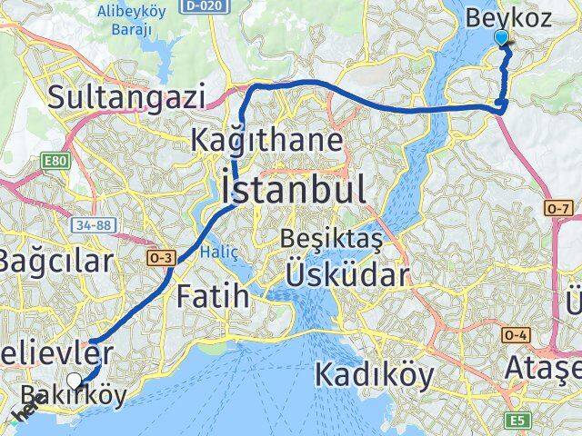 İstanbul Beykoz Paşabahçe Bakırköy Arası Kaç Km - Yol Haritası