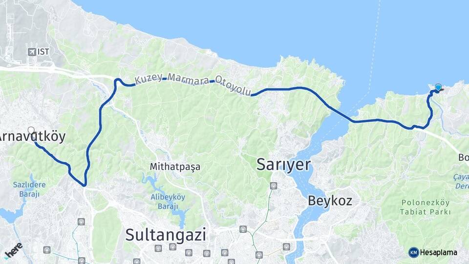 İstanbul Beykoz Riva Arnavutköy Arası Kaç Km - Yol Haritası