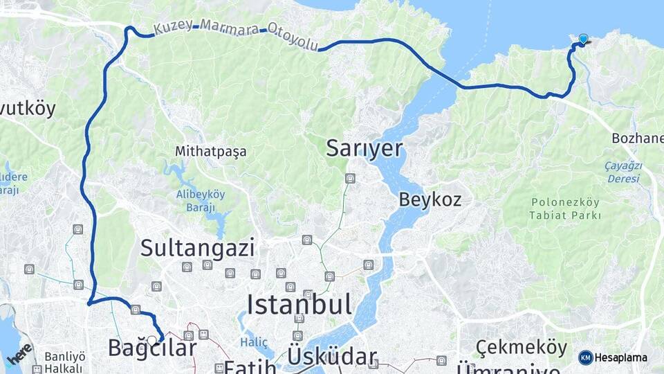 İstanbul Beykoz Riva Bağcılar Arası Kaç Km - Yol Haritası
