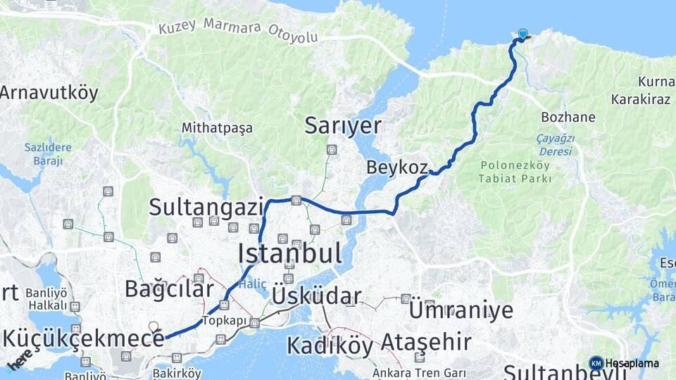 İstanbul Beykoz Riva Bahçelievler Arası Kaç Km - Yol Haritası