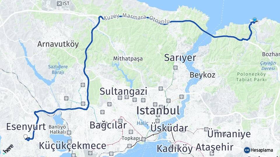İstanbul Beykoz Riva Beylikdüzü Arası Kaç Km - Yol Haritası