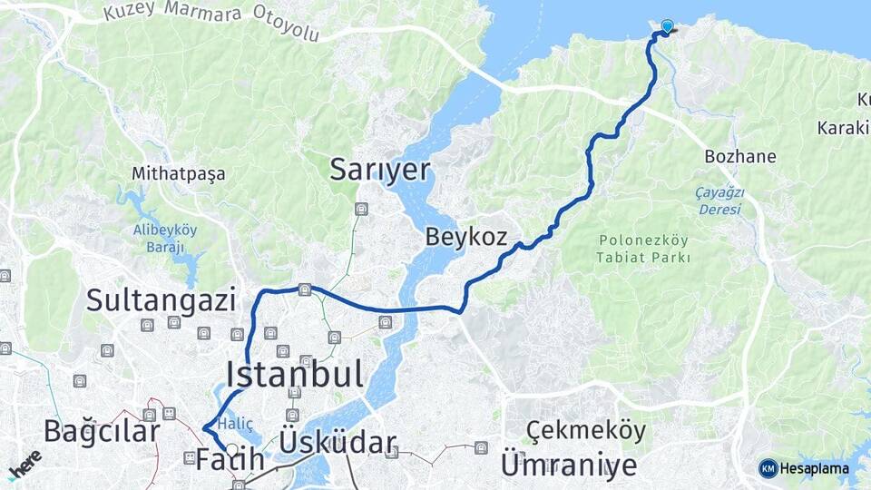 İstanbul Beykoz Riva Fatih Arası Kaç Km - Yol Haritası