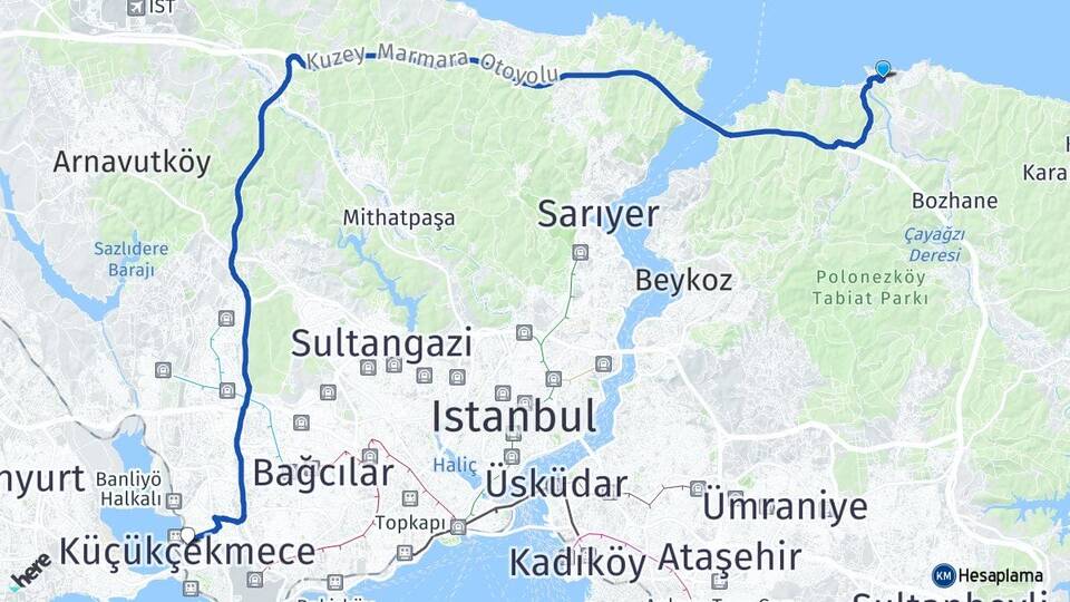 İstanbul Beykoz Riva Küçükçekmece Arası Kaç Km - Yol Haritası