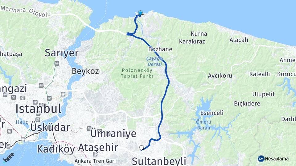 İstanbul Beykoz Riva Sancaktepe Arası Kaç Km - Yol Haritası