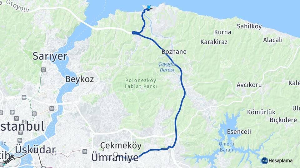 İstanbul Beykoz Riva Ümraniye Arası Kaç Km - Yol Haritası