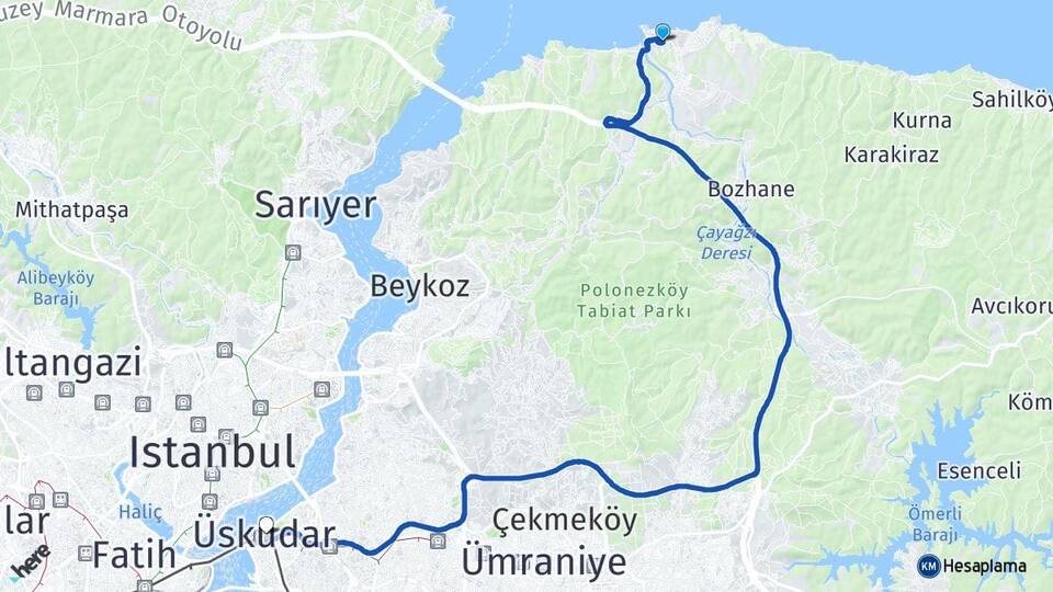 İstanbul Beykoz Riva Üsküdar Arası Kaç Km - Yol Haritası