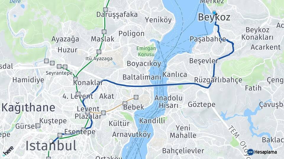 İstanbul Beykoz Şişli Arası Kaç Km - Yol Haritası