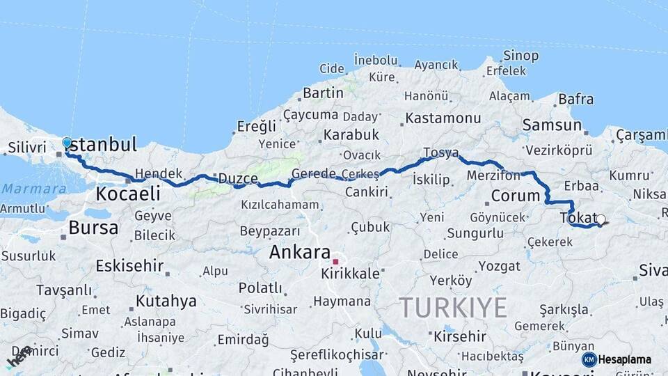 İstanbul Beykoz Tokat Arası Kaç Km - Yol Haritası