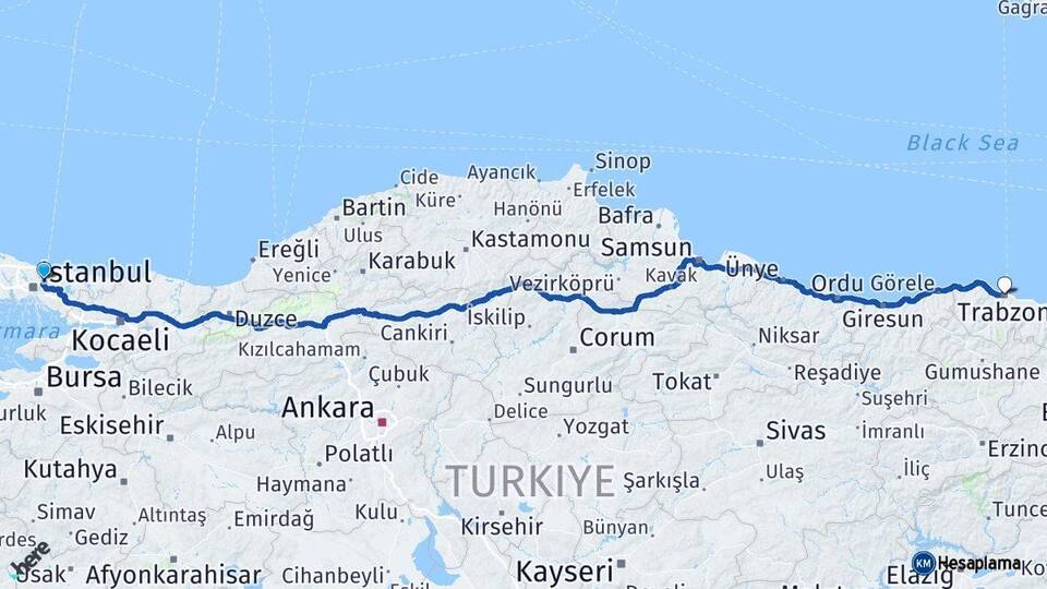 İstanbul Beykoz Trabzon Arası Kaç Km - Yol Haritası
