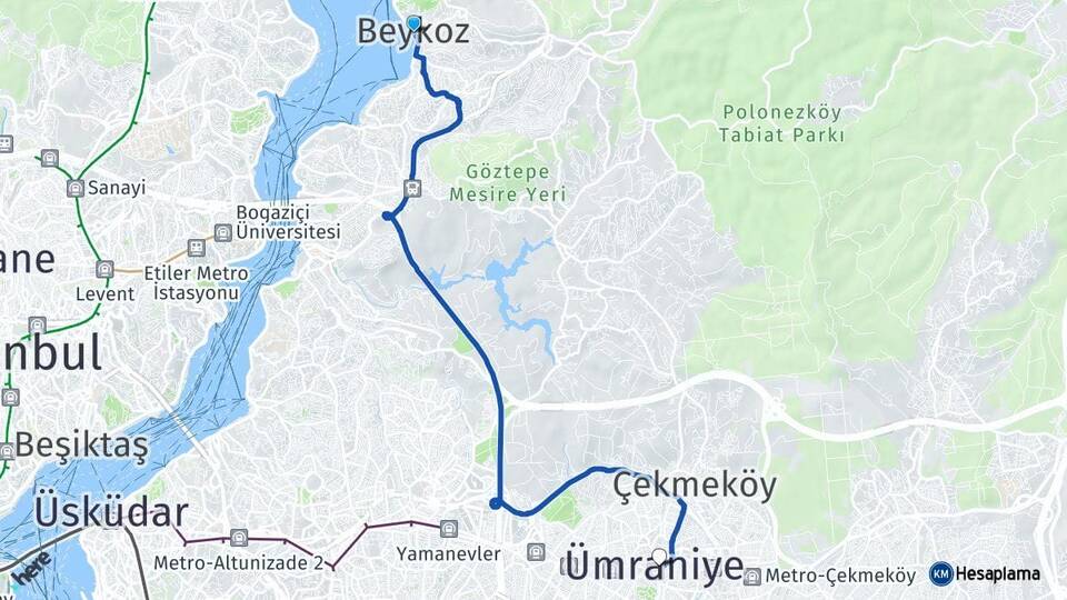 İstanbul Beykoz Ümraniye Arası Kaç Km - Yol Haritası