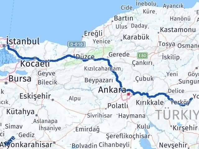 İstanbul Beykoz Yozgat Arası Kaç Km - Yol Haritası