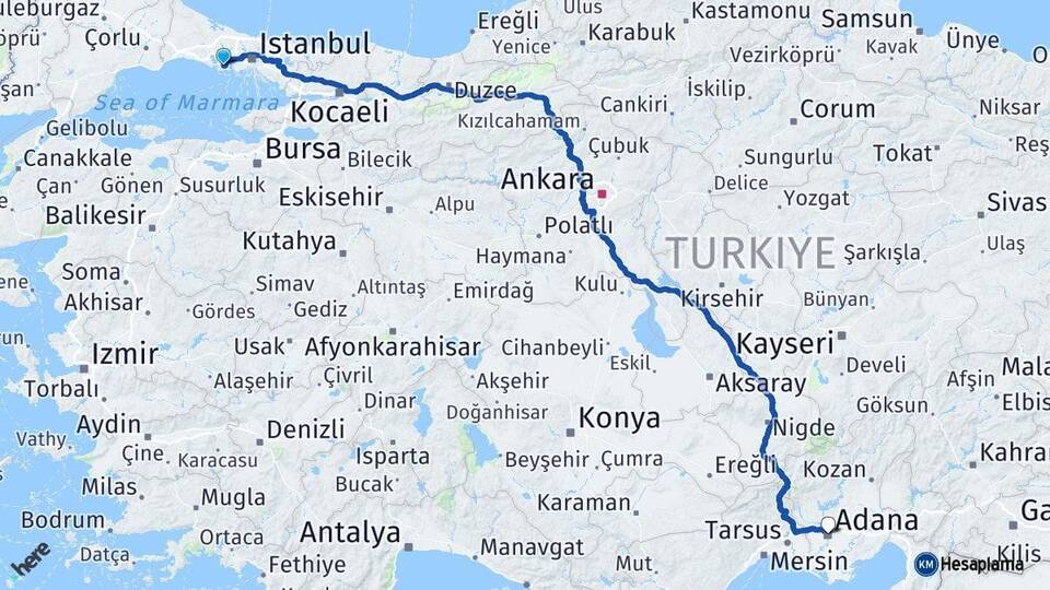 İstanbul Beylikdüzü Adana Arası Kaç Km - Yol Haritası