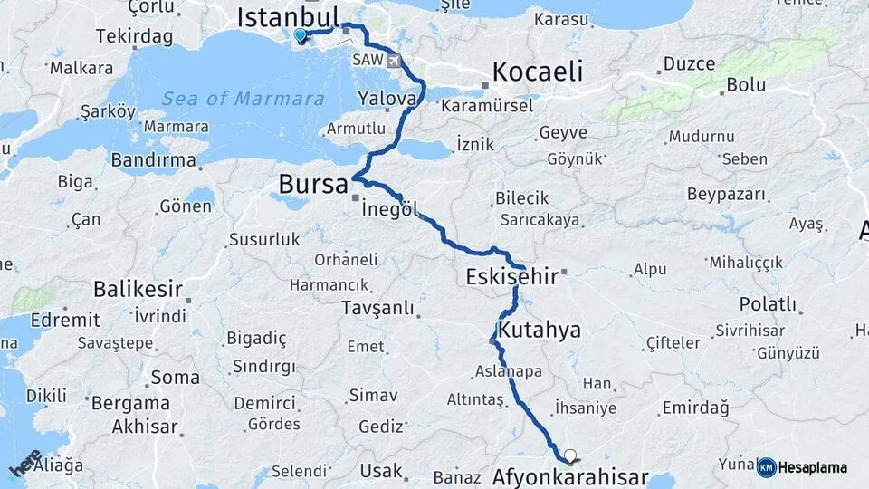İstanbul Beylikdüzü Afyonkarahisar Arası Kaç Km - Yol Haritası
