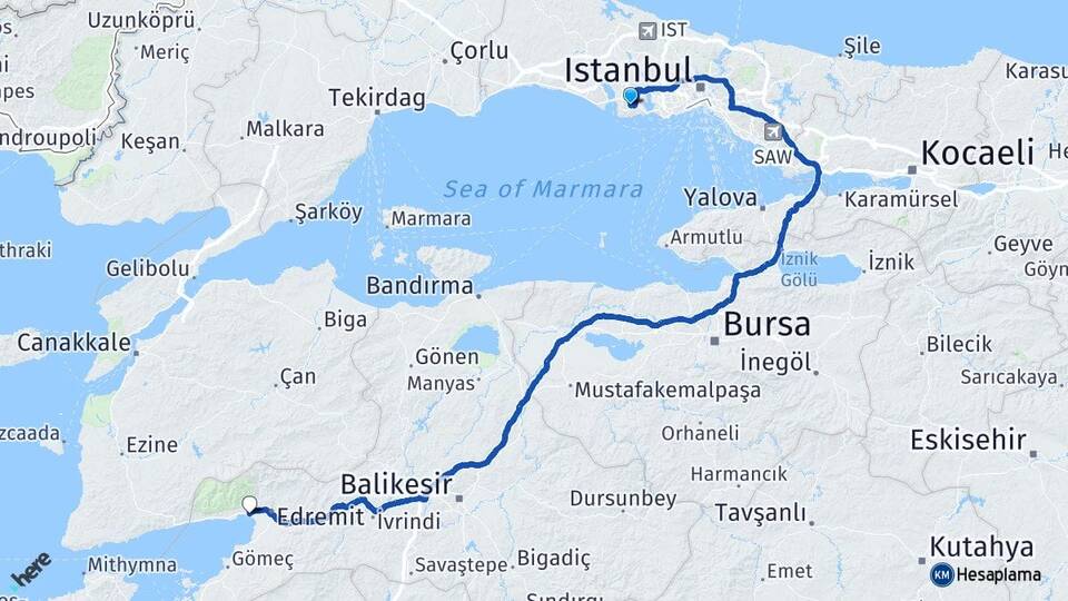 İstanbul Beylikdüzü Akçay Edremit Balıkesir Arası Kaç Km - Yol Haritası