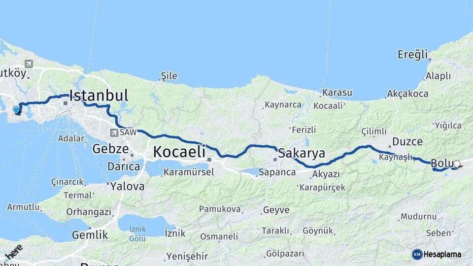 İstanbul Beylikdüzü Bolu Arası Kaç Km - Yol Haritası