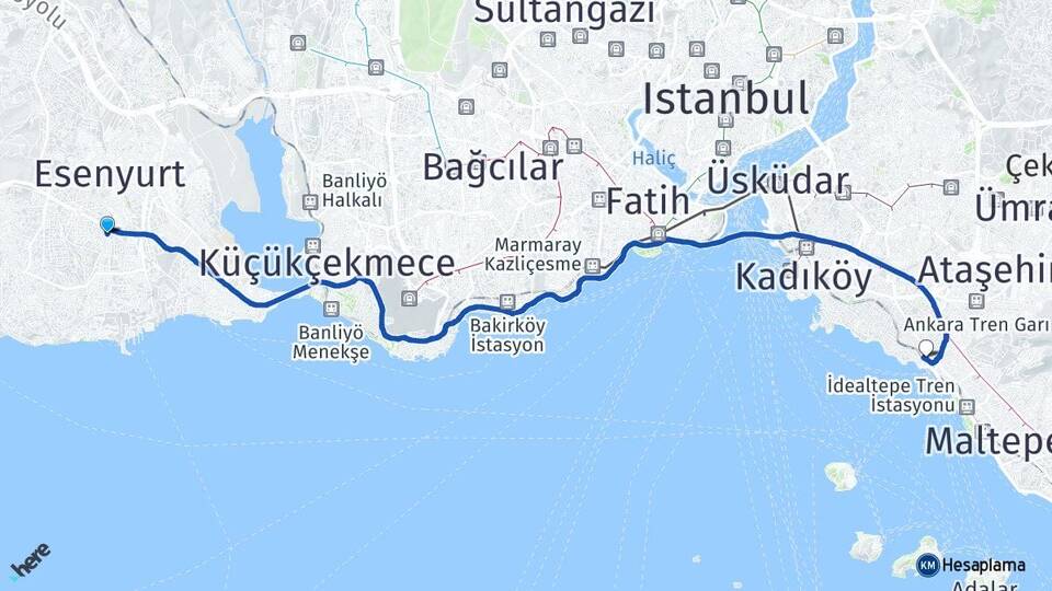 İstanbul Beylikdüzü Bostancı Kadıköy Arası Kaç Km - Yol Haritası