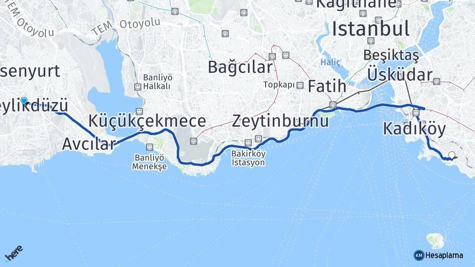 İstanbul Beylikdüzü Caddebostan Kadıköy Arası Kaç Km - Yol Haritası