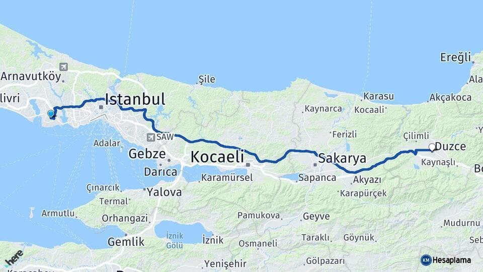 İstanbul Beylikdüzü Düzce Arası Kaç Km - Yol Haritası
