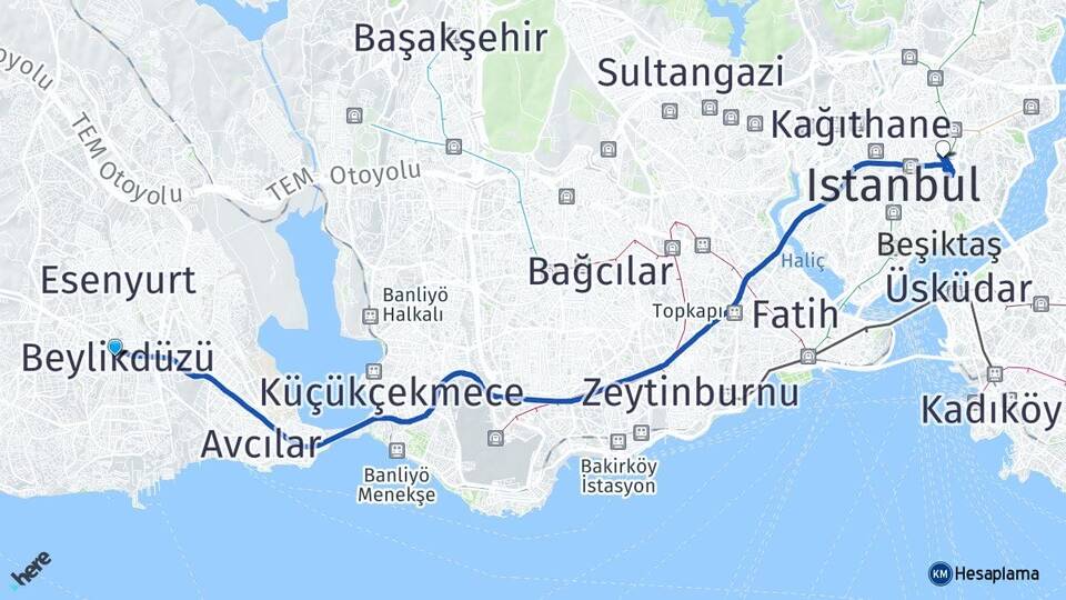İstanbul Beylikdüzü Esentepe Şişli Arası Kaç Km - Yol Haritası