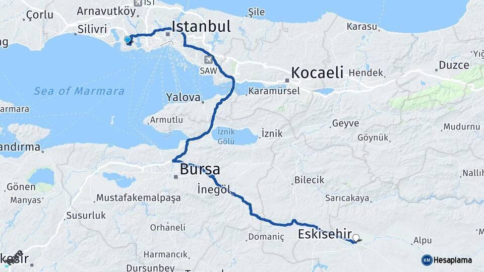 İstanbul Beylikdüzü Eskişehir Arası Kaç Km - Yol Haritası