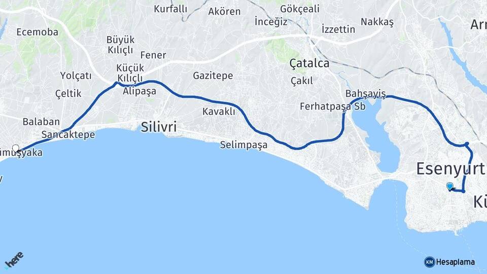 İstanbul Beylikdüzü Gümüşyaka Silivri Arası Kaç Km - Yol Haritası
