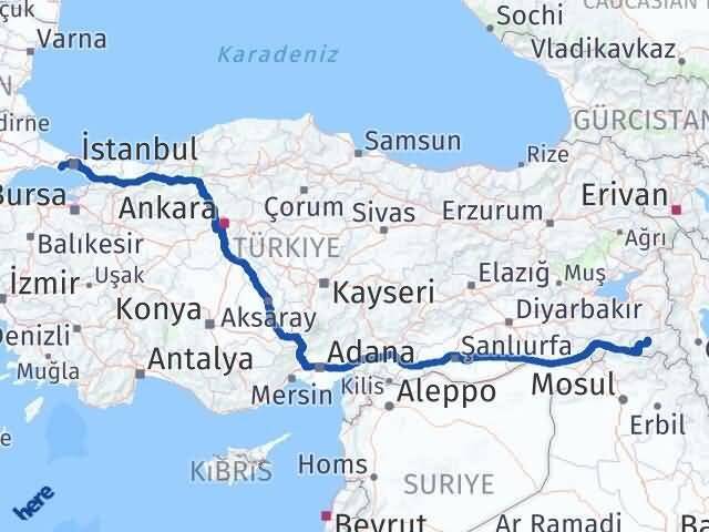 İstanbul Beylikdüzü Hakkari Arası Kaç Km - Yol Haritası