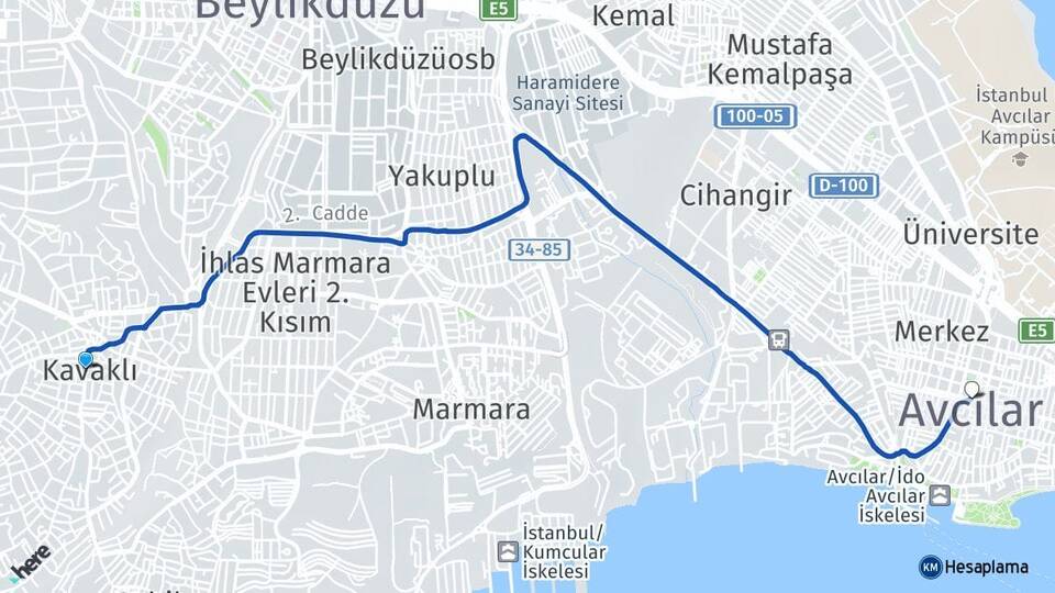 İstanbul Beylikdüzü Kavaklı Avcılar Arası Kaç Km - Yol Haritası