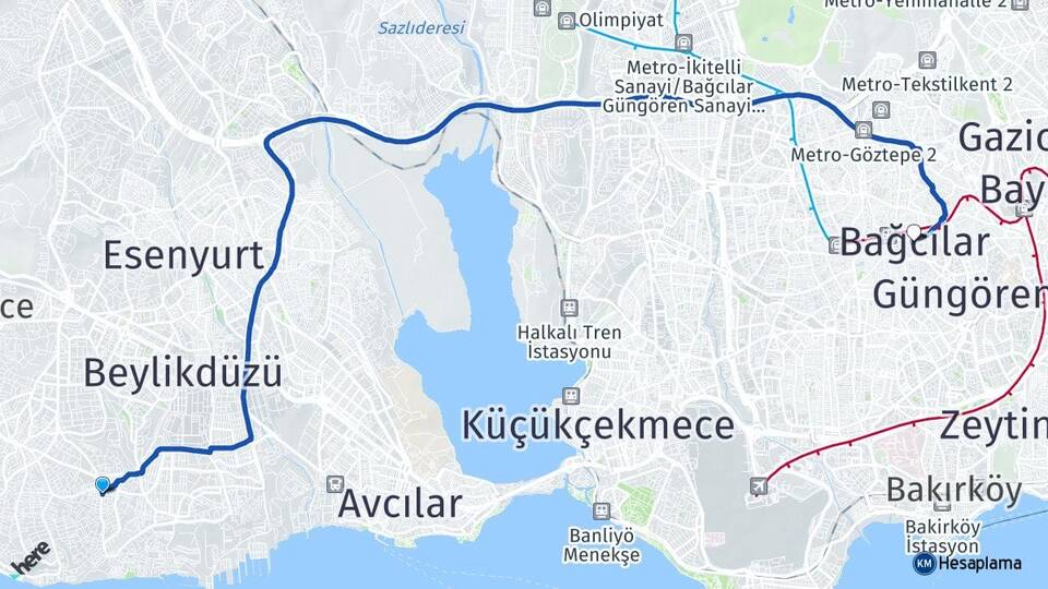 İstanbul Beylikdüzü Kavaklı Bağcılar Arası Kaç Km - Yol Haritası