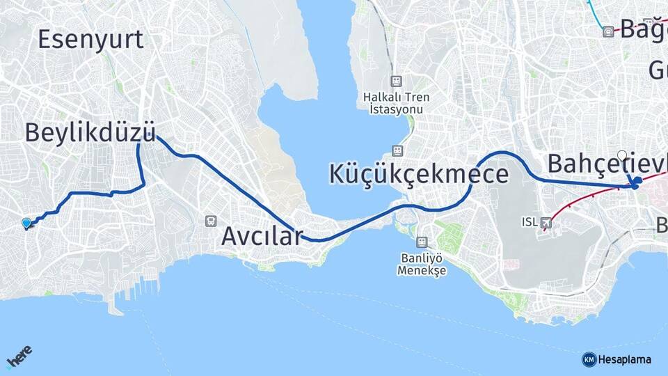 İstanbul Beylikdüzü Kavaklı Bahçelievler Arası Kaç Km - Yol Haritası