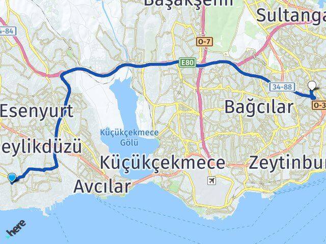 İstanbul Beylikdüzü Kavaklı Bayrampaşa Arası Kaç Km - Yol Haritası