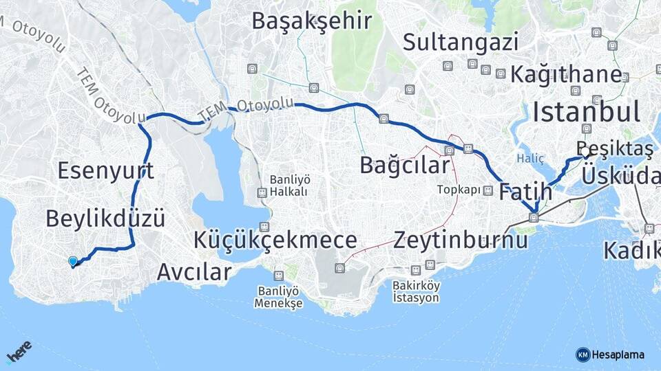 İstanbul Beylikdüzü Kavaklı Beyoğlu Arası Kaç Km - Yol Haritası
