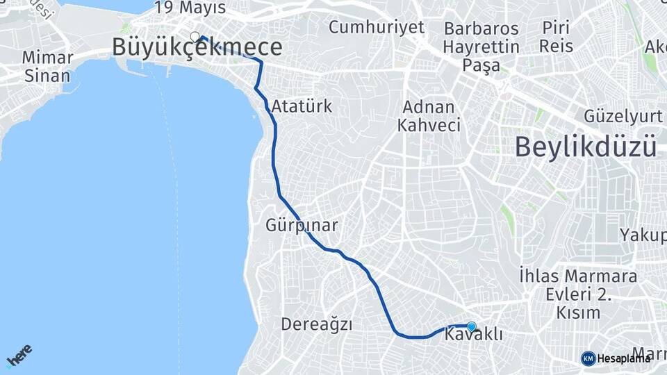 İstanbul Beylikdüzü Kavaklı Büyükçekmece Arası Kaç Km - Yol Haritası