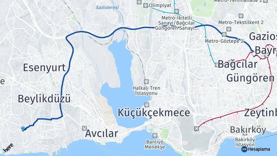 İstanbul Beylikdüzü Kavaklı Esenler Arası Kaç Km - Yol Haritası