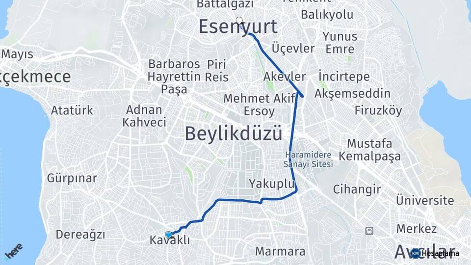 İstanbul Beylikdüzü Kavaklı Esenyurt Arası Kaç Km - Yol Haritası