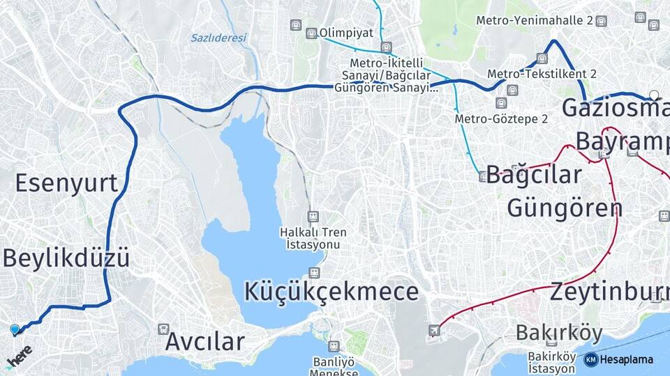 İstanbul Beylikdüzü Kavaklı Gaziosmanpaşa Arası Kaç Km - Yol Haritası