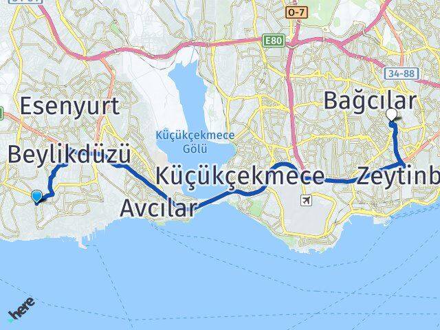 İstanbul Beylikdüzü Kavaklı Güngören Arası Kaç Km - Yol Haritası