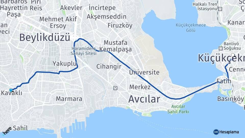 İstanbul Beylikdüzü Kavaklı Küçükçekmece Arası Kaç Km - Yol Haritası