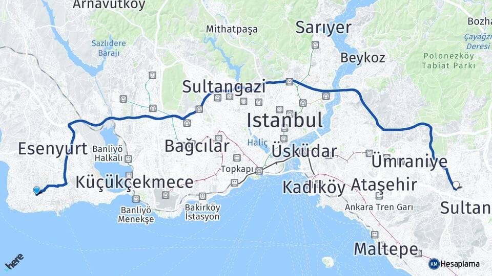 İstanbul Beylikdüzü Kavaklı Sancaktepe Arası Kaç Km - Yol Haritası