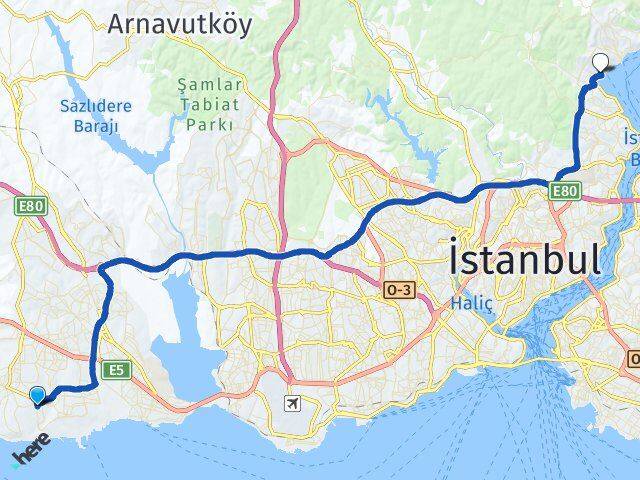 İstanbul Beylikdüzü Kavaklı Sarıyer Arası Kaç Km - Yol Haritası