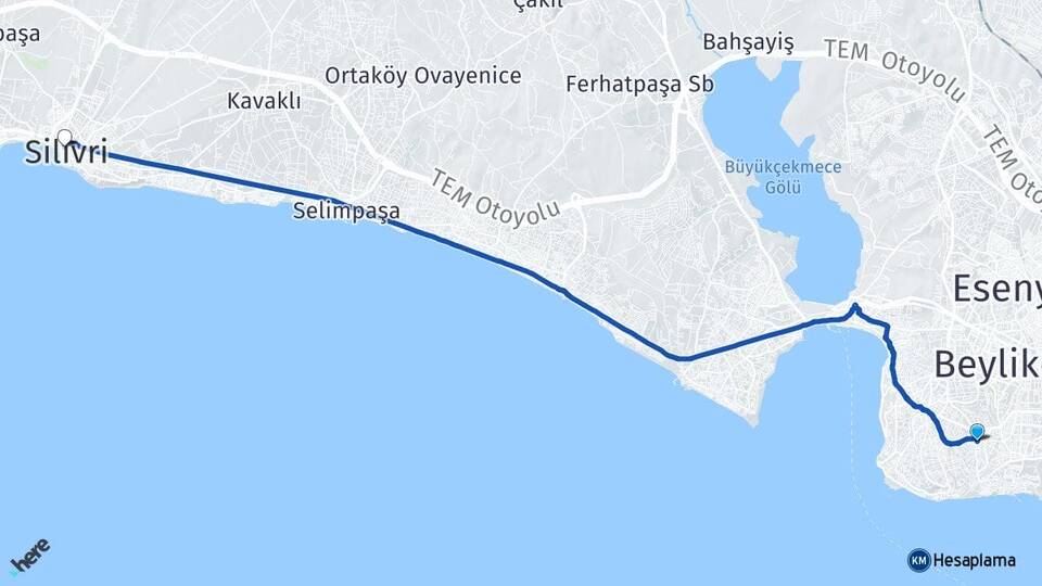İstanbul Beylikdüzü Kavaklı Silivri Arası Kaç Km - Yol Haritası
