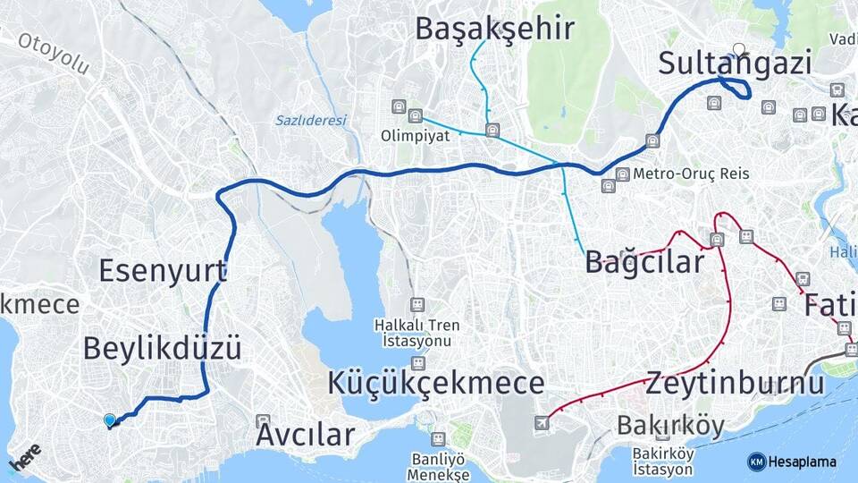 İstanbul Beylikdüzü Kavaklı Sultangazi Arası Kaç Km - Yol Haritası