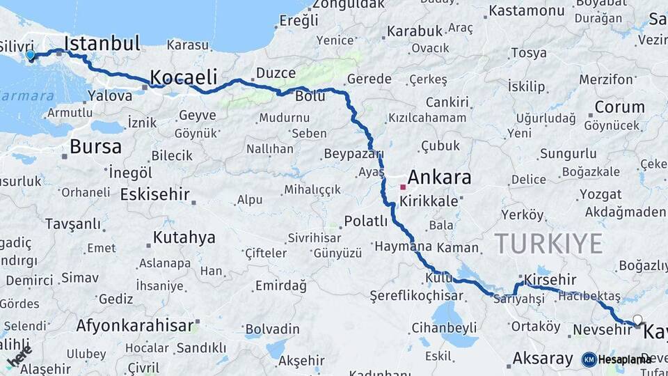İstanbul Beylikdüzü Kayseri Arası Kaç Km - Yol Haritası