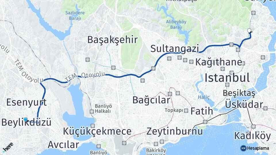 İstanbul Beylikdüzü Maslak Sarıyer Arası Kaç Km - Yol Haritası