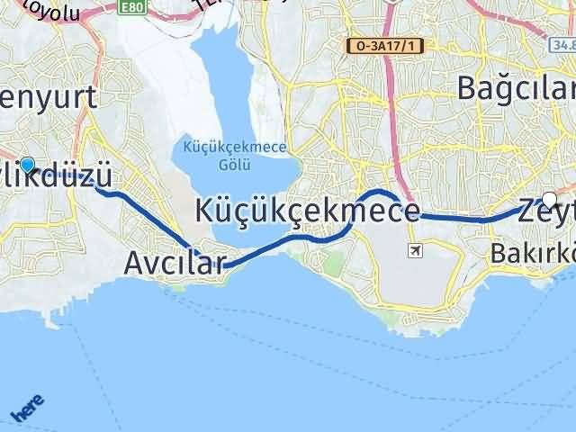 istanbul beylikduzu osmaniye bakirkoy arasi kac km