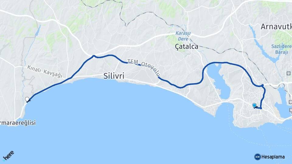 İstanbul Beylikdüzü Sultanköy Marmaraereğlisi Tekirdağ Arası Kaç Km - Yol Haritası