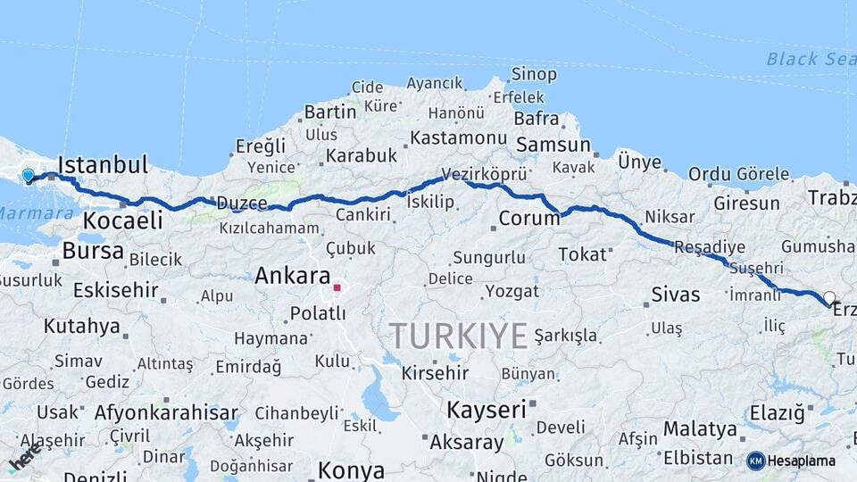 İstanbul Beylikdüzü Taksim Erzincan Arası Kaç Km - Yol Haritası