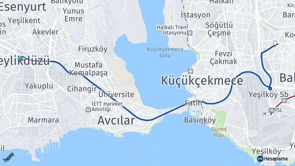 İstanbul Beylikdüzü Yenibosna Bahçelievler Arası Kaç Km - Yol Haritası