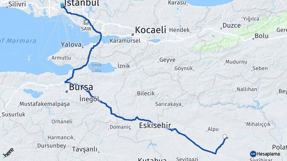 İstanbul Beylikova Eskişehir Arası Kaç Km - Yol Haritası