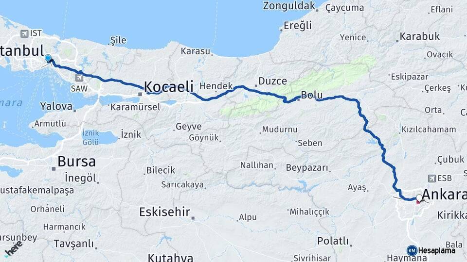 İstanbul Beyoğlu Ankara Arası Kaç Km - Yol Haritası