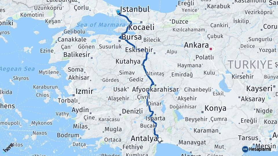 İstanbul Beyoğlu Antalya Arası Kaç Km - Yol Haritası